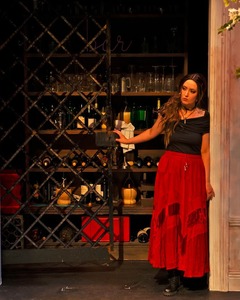 A woman leans leans against a wall. She has long brown wavey hair. Wearing a choker, black top and red skirt. A bar in the background has many bottles of alcohol.